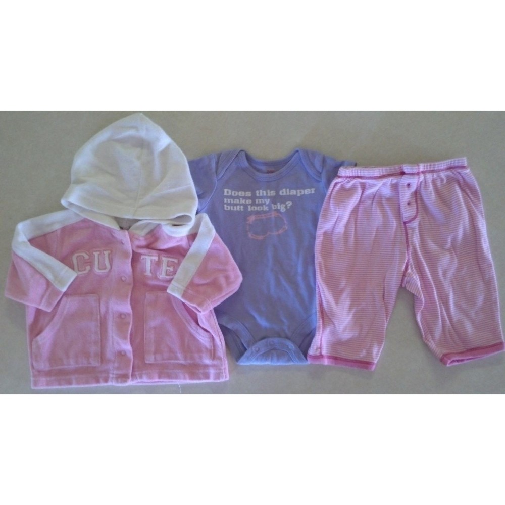 Girl's Size 3-6 M Month 3 Piece Outfit Pink CUTE Jacket, Pants & Purple Top